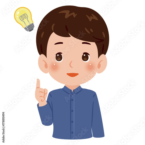 閃く男性の上半身イラスト／An illustration of a man's upper body with a lightbuld moment