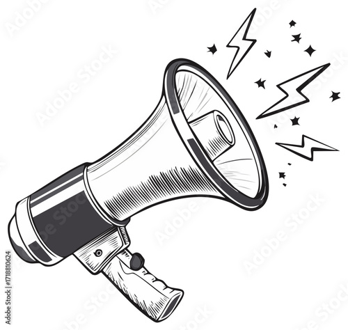 Hand-drawn megaphone with lightning bolts and stars, promoting announcements or communications with sound, vintage style.