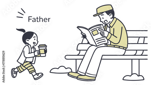 A girl brings coffee to her father reading a newspaper on a bench.