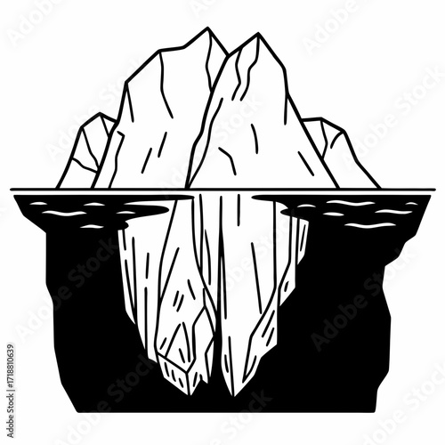 Stylized black and white illustration of a massive iceberg with jagged peaks above the water and a vast submerged portion below the surface