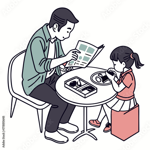 A father and his young daughter sitting at a round table, the man reading a menu while the girl eats her meal.