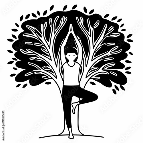 Stylized black and white illustration of a person performing a tree pose yoga asana within a large tree