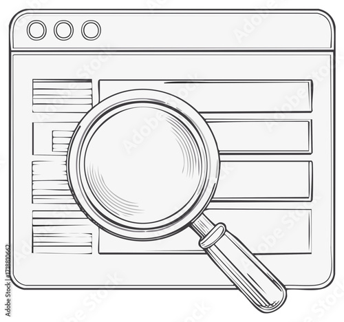 Hand drawn illustration of a magnifying glass over a web browser window showing search results