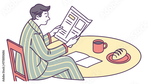 A man in pajamas sits at a table, reading a newspaper with a cup of coffee and bread.