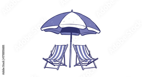 Relaxing beach chairs and umbrella invite serene vacation vibes and peaceful seaside escapes for ultimate summer leisure