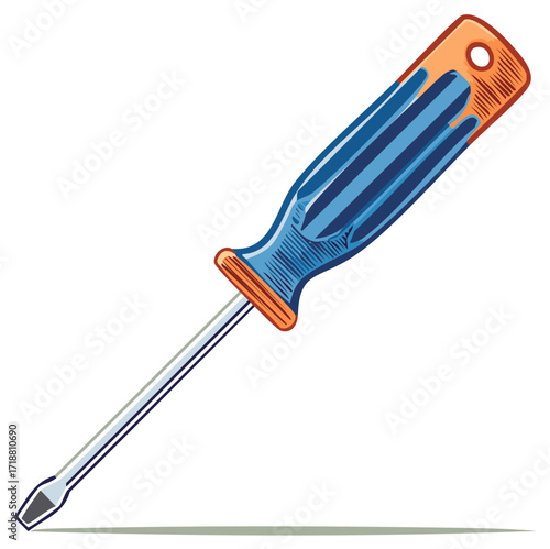 Illustrated flathead screwdriver with blue handle, orange accents; tool for repair or construction projects