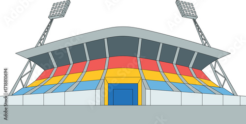 Stadium, icon, vector, sports, architecture, arena, colorful, modern, structure, curved, roof, floodlight, entrance, design, event, venue, red, yellow, blue, illustration