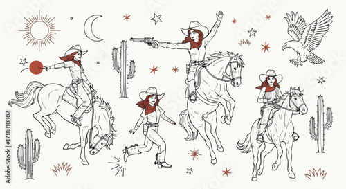 Dynamic cowgirls on horseback capture the spirit of the wild west with action and adventure in this artistic desert scene.