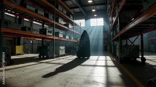 Mysterious figure walking through industrial warehouse with bright sunbeams shining through windows