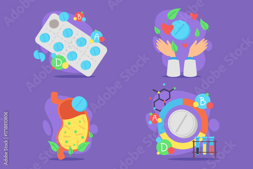 Colorful vitamin collection featuring various supplements in pill and capsule forms. Health and wellness concept