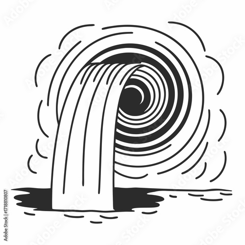 Stylized black and white illustration of a waterfall cascading into a swirling vortex with radiating lines