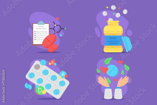 Colorful collection of various vitamins alongside checklist and hands nurturing health. Concept of daily wellness practices and supplements for better living