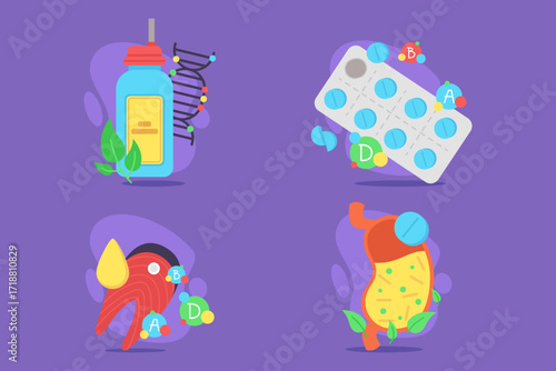 Vibrant display of various vitamins featuring packages, capsules, and representations of their health benefits. Overall wellness and nutrition awareness concept