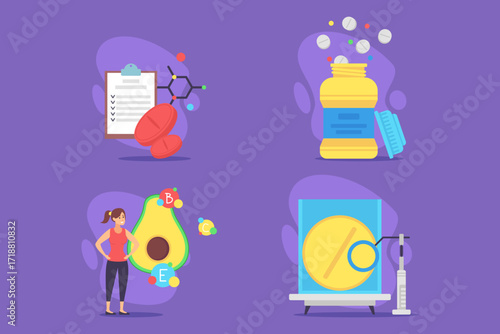 Vibrant representation of essential vitamins and minerals. Various supplements alongside character highlighting nutrient benefits. Health and well-being concept
