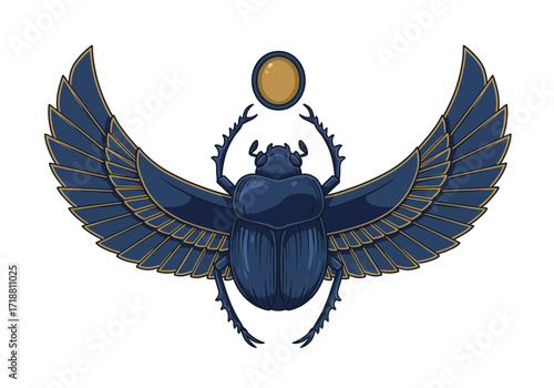 A blue scarab beetle with open wings holding a golden sun disc