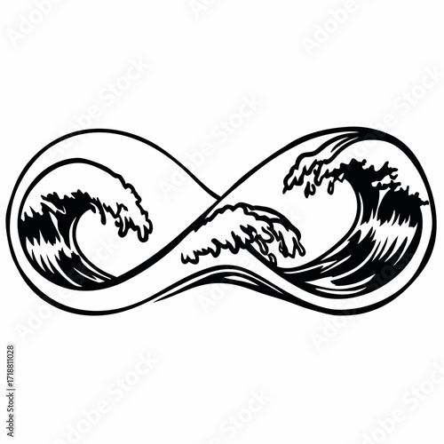 Stylized black and white infinity symbol integrated with crashing ocean waves creating a sense of eternal motion and power