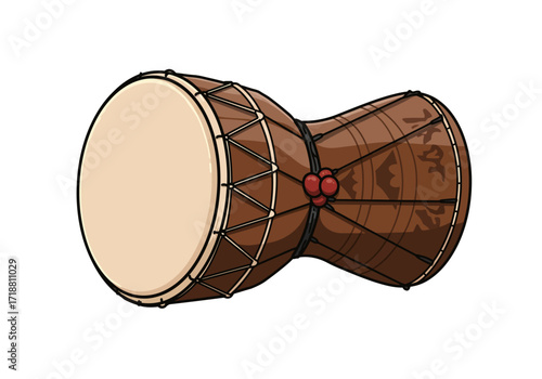 A brown drum laced  decorated is viewed from the side with a light tan drumhead