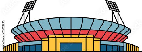 Stadium, icon, vector, sports, architecture, arena, colorful, modern, structure, floodlight, entrance, design, event, venue, blue, red, yellow, tiered, symmetrical, illustration