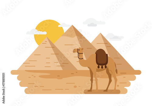 A camel with a saddle stands before the Pyramids of Giza under a bright sun