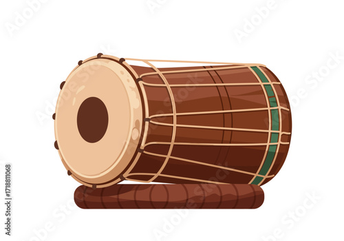 A cartoon drum instrument with brown casing light skin and supporting base