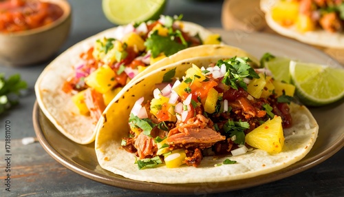 Delicious tacos with pineapple salsa, cilantro, and onions