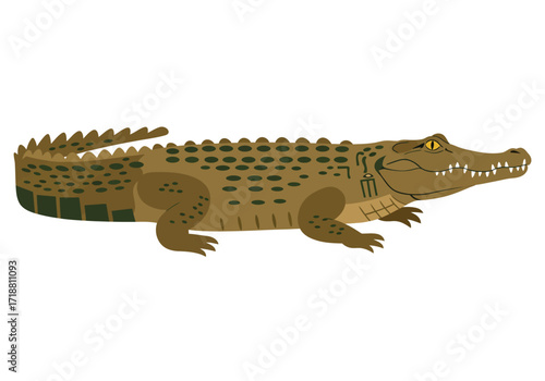 A cartoon crocodile is seen with green spots and sharp teeth lying sideways with hieroglyphics on its hide