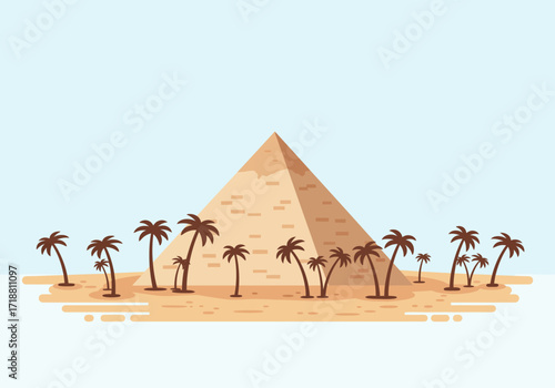 A cartoon pyramid is centered amidst palm trees on sand against a pale blue sky