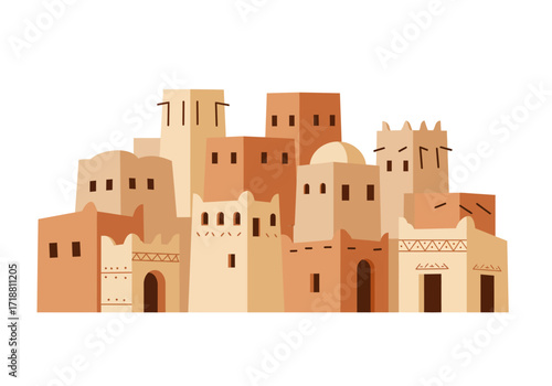 A cluster of flat stylized earthtoned buildings with various architectural details against a white background