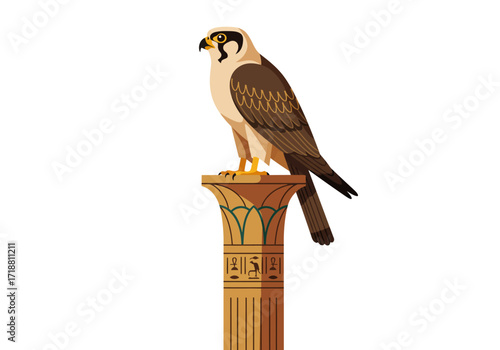 A falcon stands atop a column adorned with Egyptian hieroglyphs and stylized lotus petals