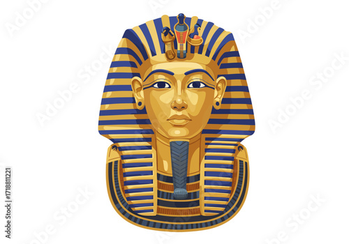 A gold bluestriped Tutankhamun mask with a regal expression