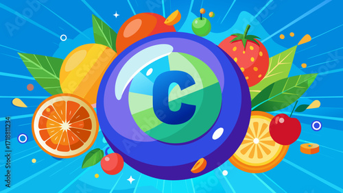 Vitamin c fruit illustration with a central c symbol