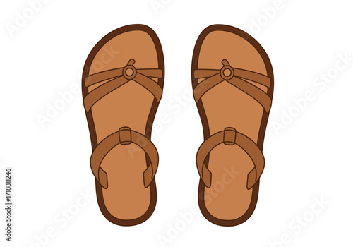 A pair of brown sandals are displayed straps visible