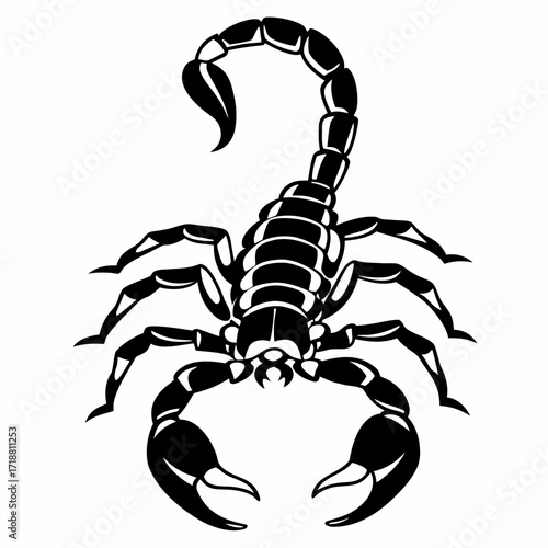 Stylized black silhouette of a scorpion with raised tail and claws against a white background