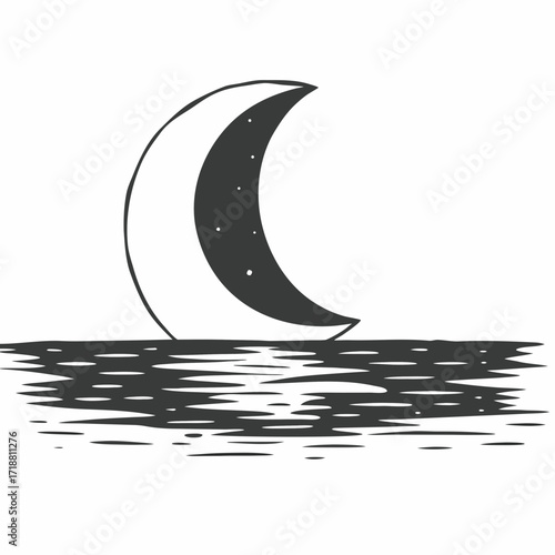 Stylized crescent moon with stars reflected in rippling water at night in a simple graphic illustration style