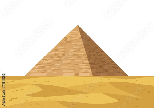 A pyramid rises from a sandy ground with clear brickwork  shadows