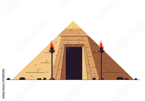 A pyramid with a dark entrance flanked by torches with flames on each side