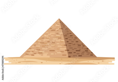 A pyramid with a layered block design stands on a sandy base against a white backdrop