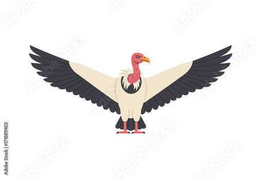 A vulture spreads its wings displaying blacktipped feathers and a pink head in a vector graphic