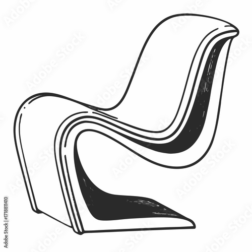 Stylized hand drawn sketch of a modern s shaped lounge chair in black and white line art