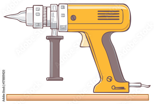 Yellow soldering iron stands with wood piece, maintenance, tool, and craft object in a vector style