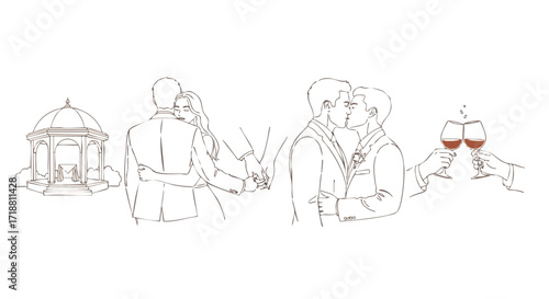 Celebrate love's journey from wedding vows to joyous toasts with diverse couples embracing modern romance and commitment