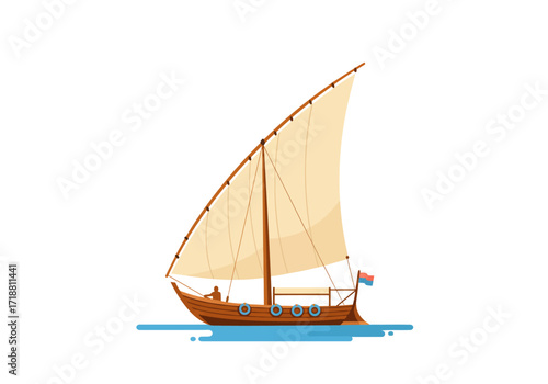 A wooden sailing ship with a large sail  a flag sailing on blue water