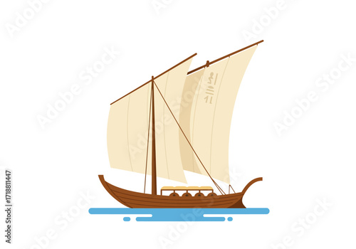An ancient Egyptian sailing boat with hieroglyphs on the sail sails on blue water