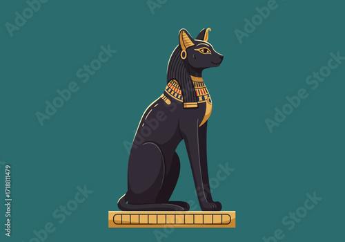 An Egyptian Bastet cat statue sits on a golden platform against a teal background