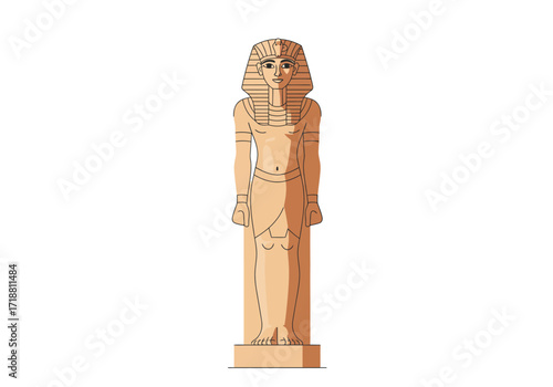 An Egyptian pharaoh statue standing tall wearing a headdress and kilt