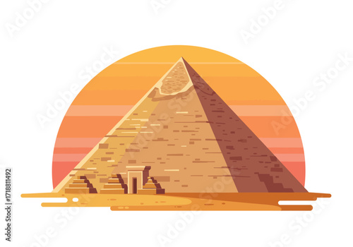 An Egyptian pyramid with two smaller pyramids and a backdrop of a yellowtoorange sunset