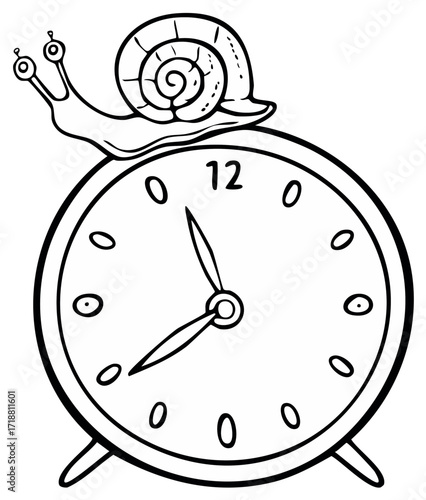 Cartoon snail resting on a classic alarm clock representing slow time progress