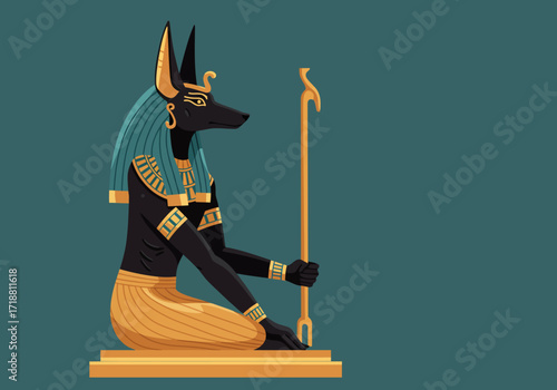 Anubis seated with staff is depicted in stylized Egyptian art on a solid teal background