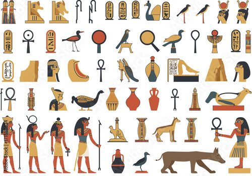 Array of Egyptian hieroglyphs including deities birds ankh symbols and pottery vessels
