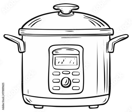 Line Art Illustration of a Modern Multicooker Kitchen Appliance with Lid and Display